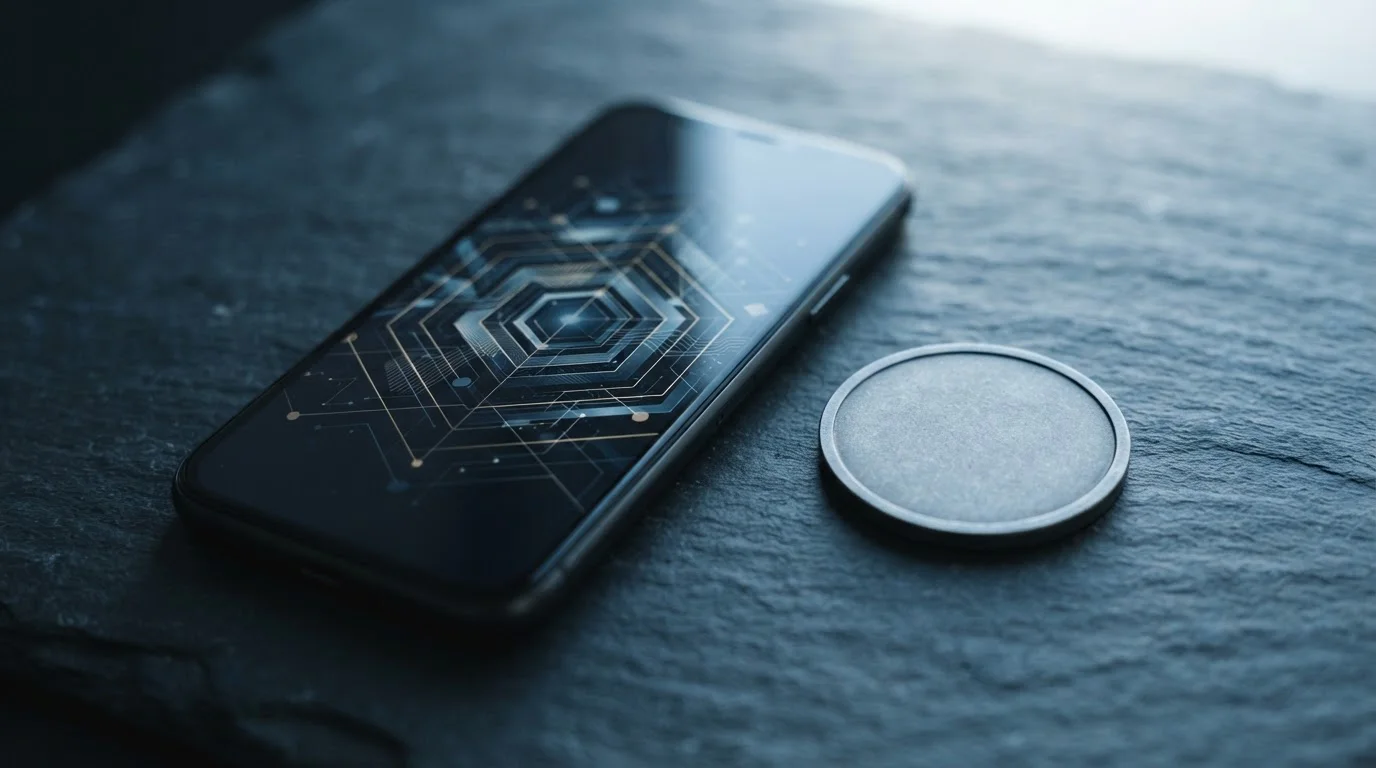 Smartphone displaying a secure element graphic beside a plain unmarked token