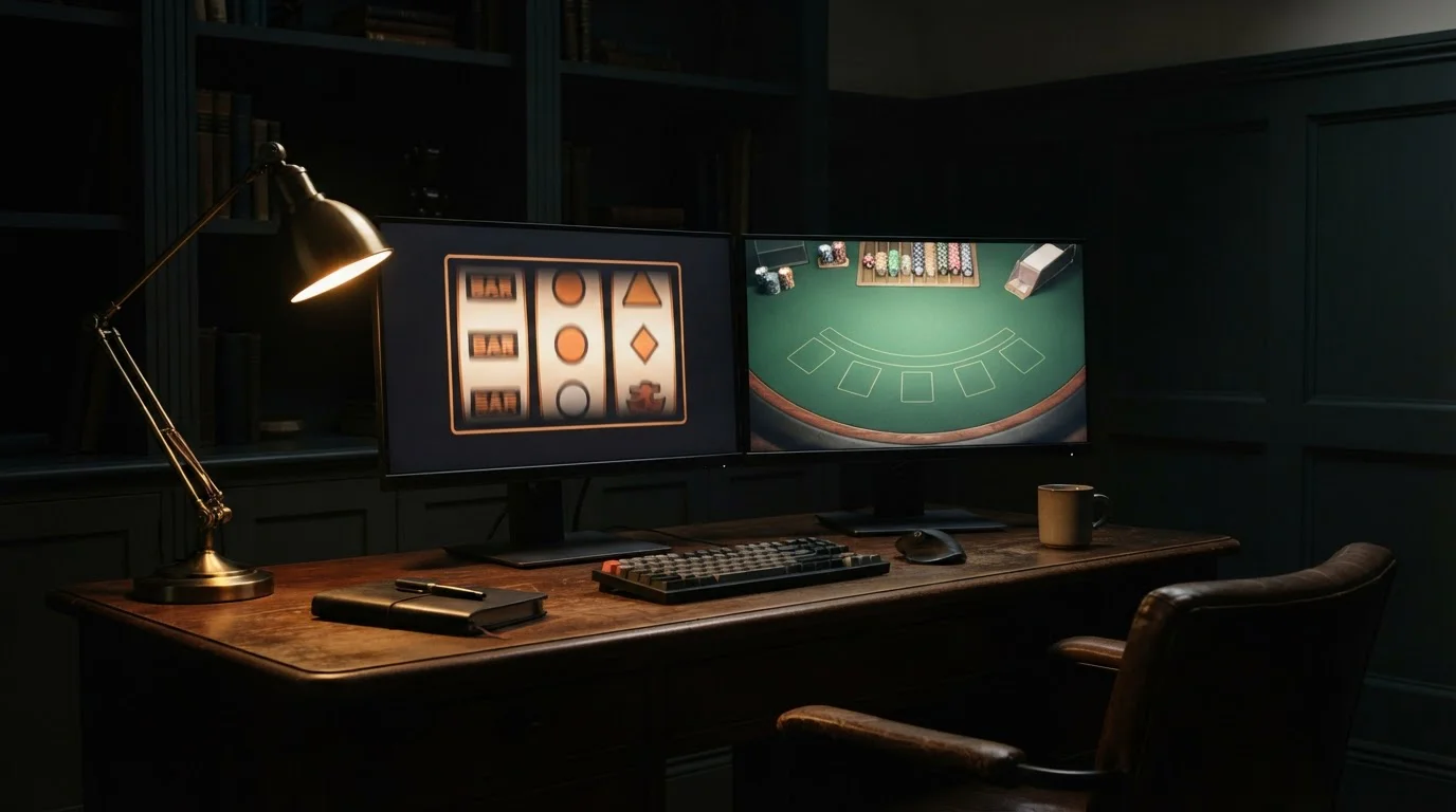 Slot reels and a live dealer table shown side by side on two screens in a quiet room