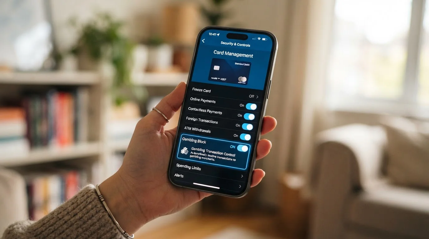 Person checking banking app settings on smartphone for gambling transaction controls