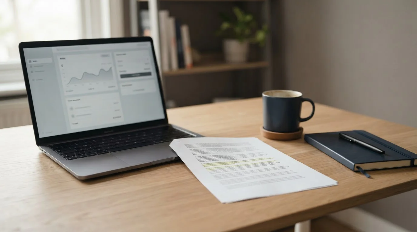 Desk with a laptop showing a neutral crypto wallet and a printed terms document