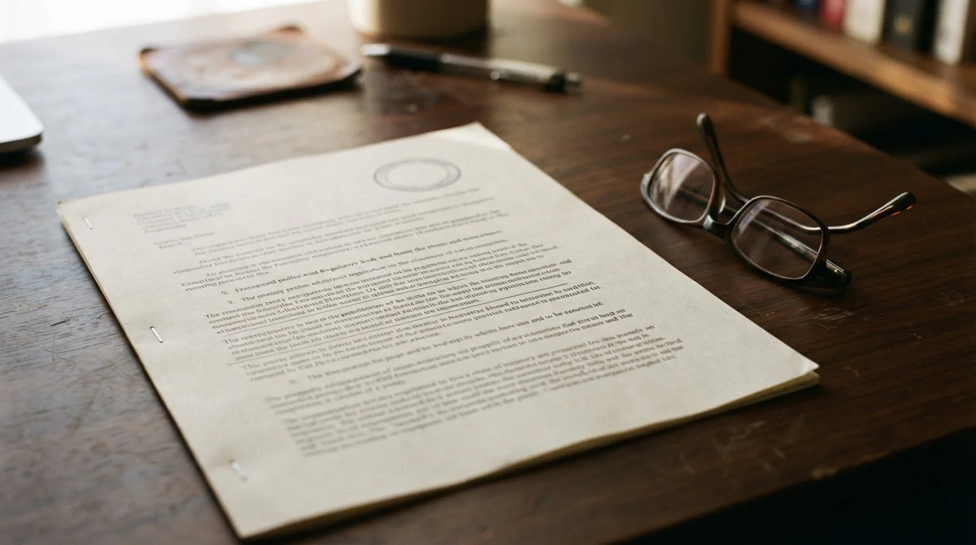 Printed licence conditions document on a desk beside reading glasses