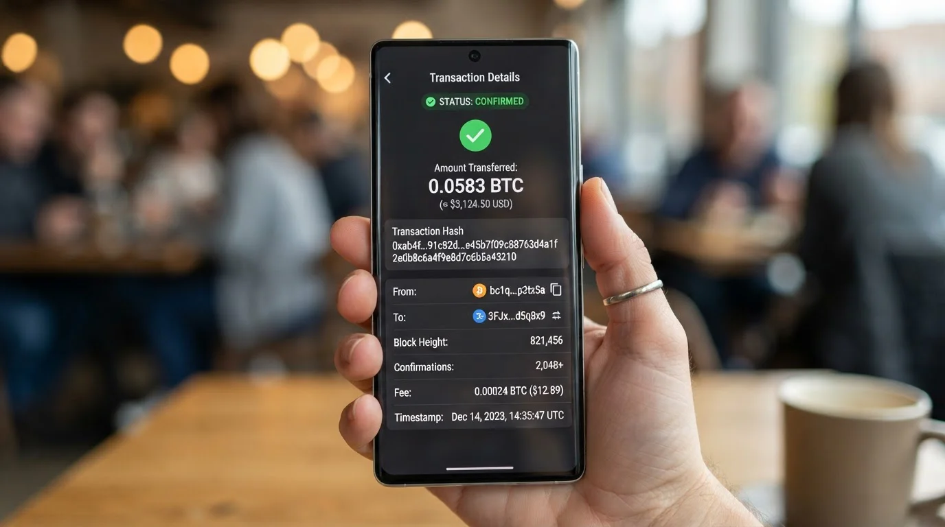 Smartphone displaying blockchain transaction confirmation with Bitcoin transfer
