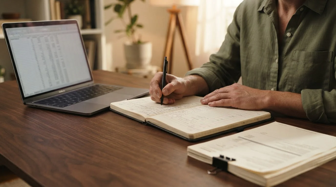 Person writing transaction entries into a ledger notebook beside a laptop
