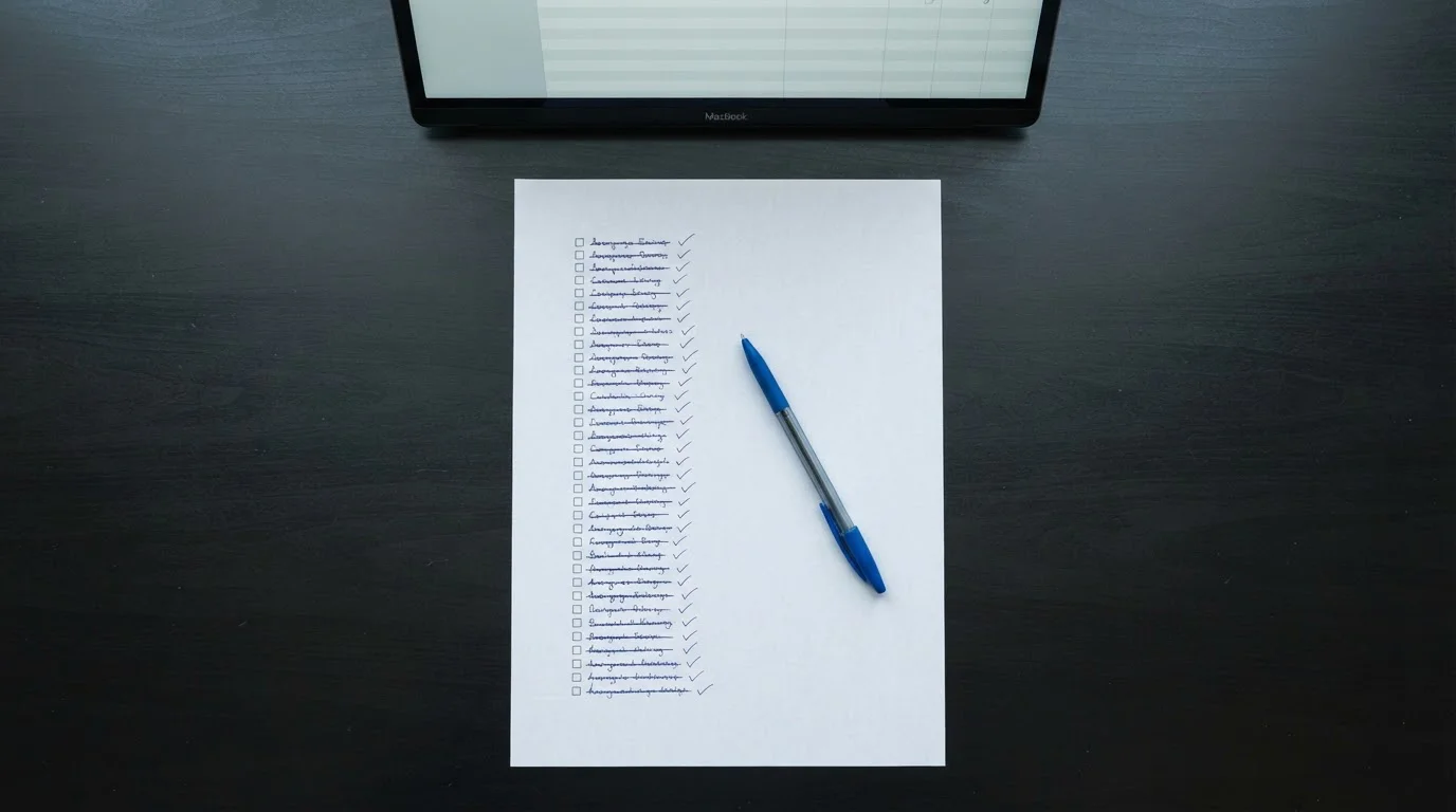 Desk with a printed checklist of site names, several lines marked off with pen, laptop open to a plain banking page