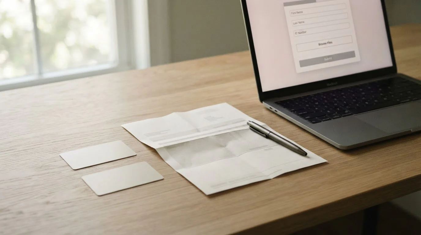 Identity documents laid out beside a laptop showing a plain verification form, soft daylight on the desk