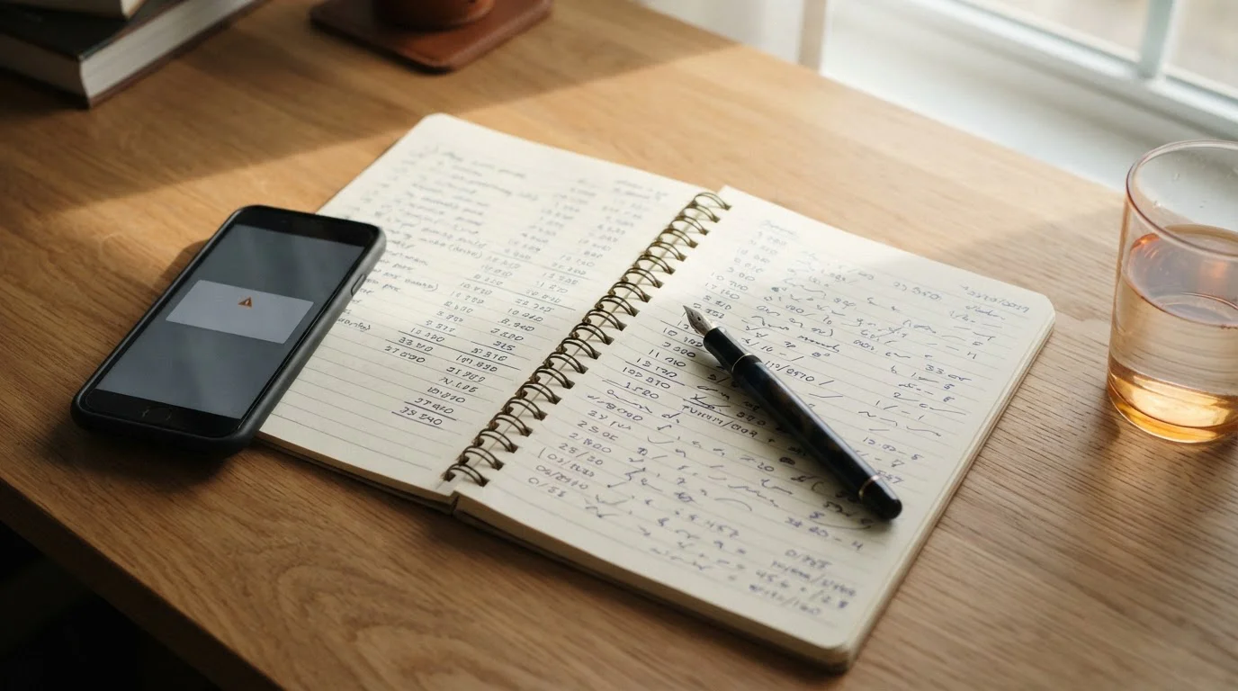 Notepad with handwritten figures and a pen beside a smartphone showing a declined transaction message