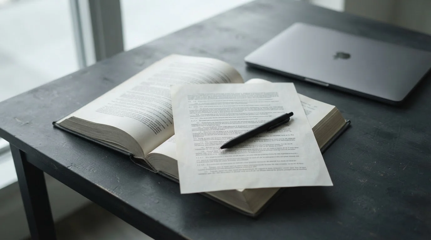 Open regulatory rulebook on a desk with a printed licence condition page beside a closed laptop