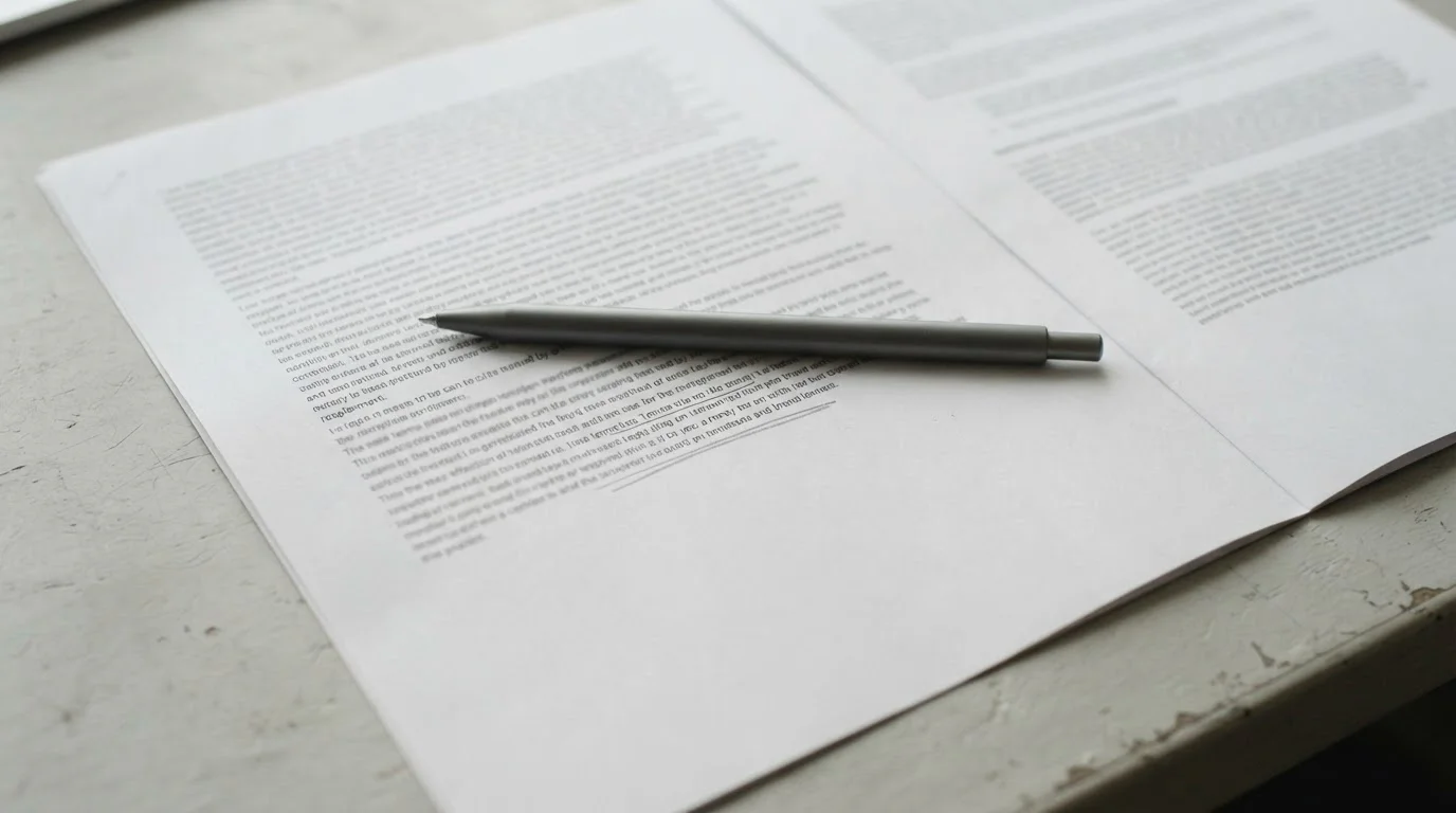 Printed terms and conditions document with a pen resting across it