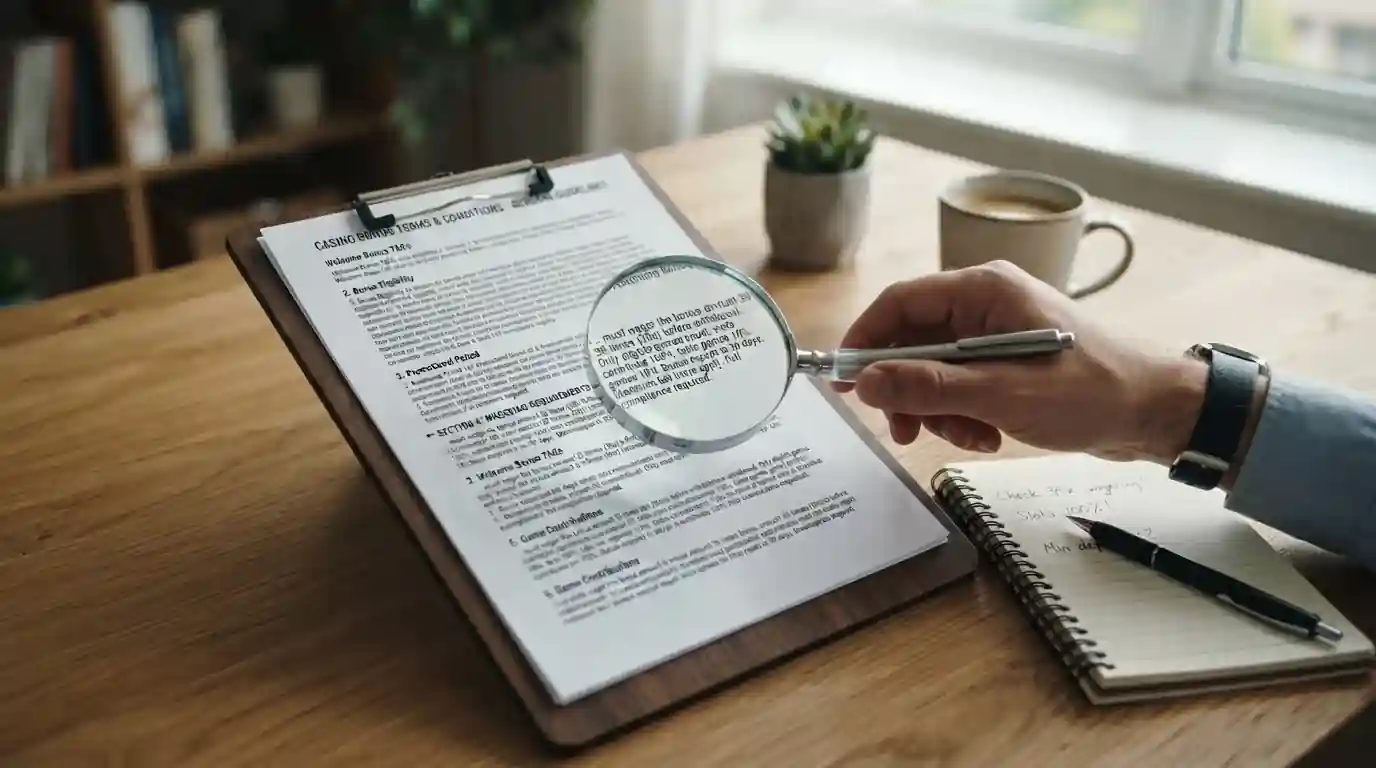 Document showing casino bonus terms with magnifying glass highlighting wagering requirements