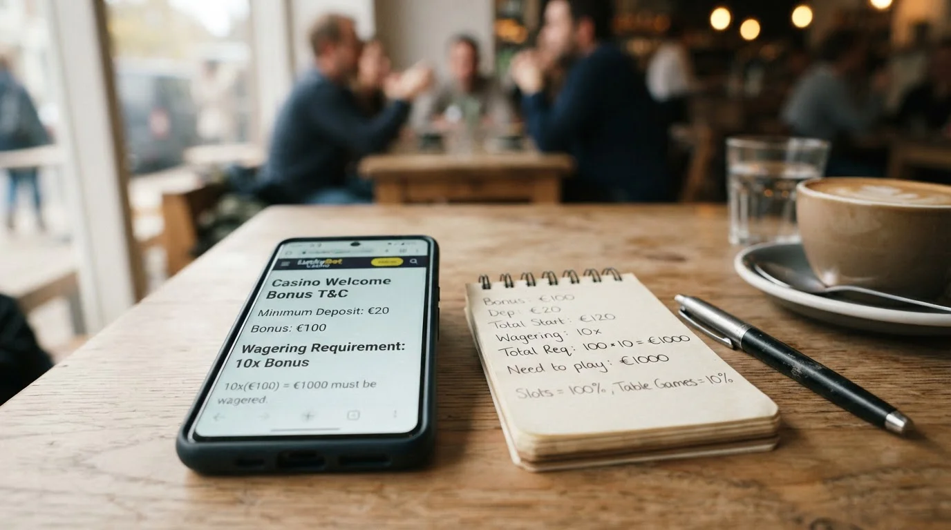 Smartphone displaying casino bonus terms with 10x wagering requirement and notepad