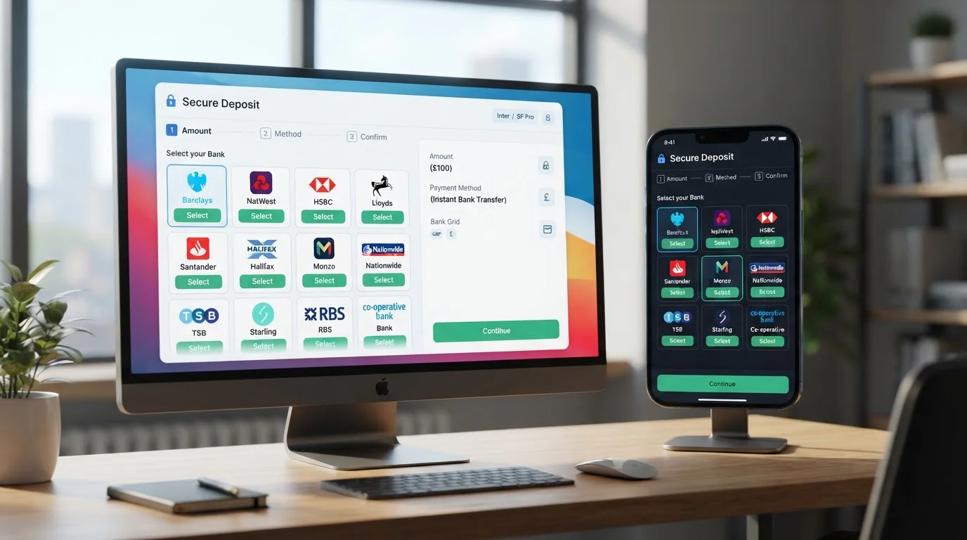 Desktop and mobile screens showing casino cashier interface with bank selection options