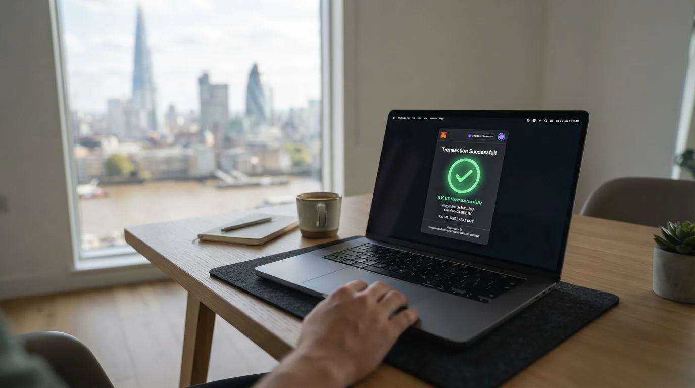 Laptop displaying crypto wallet transaction confirmation screen with UK cityscape in background