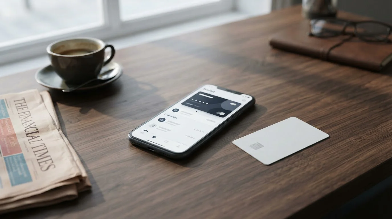 Smartphone showing a digital wallet balance next to a plain payment card on a desk