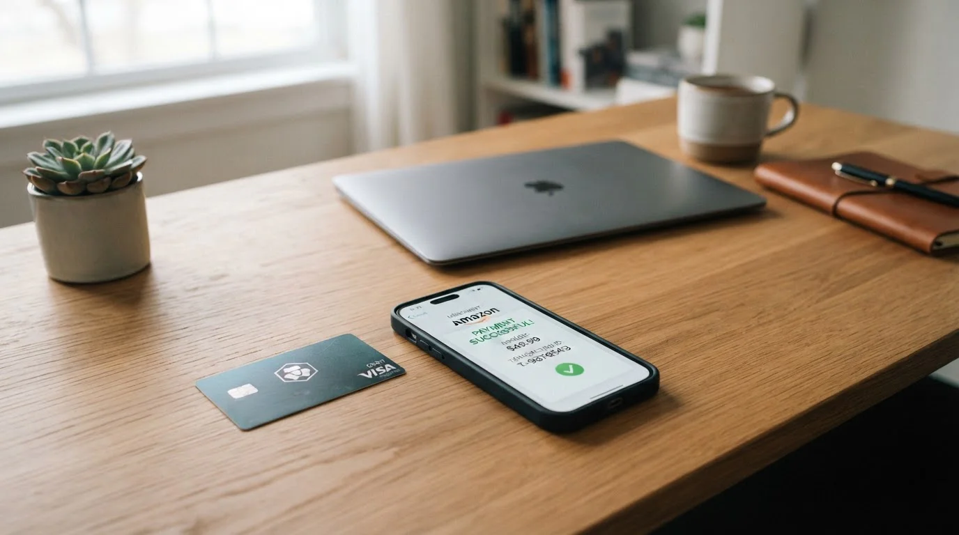 Debit card and smartphone on desk with payment confirmation screen displayed