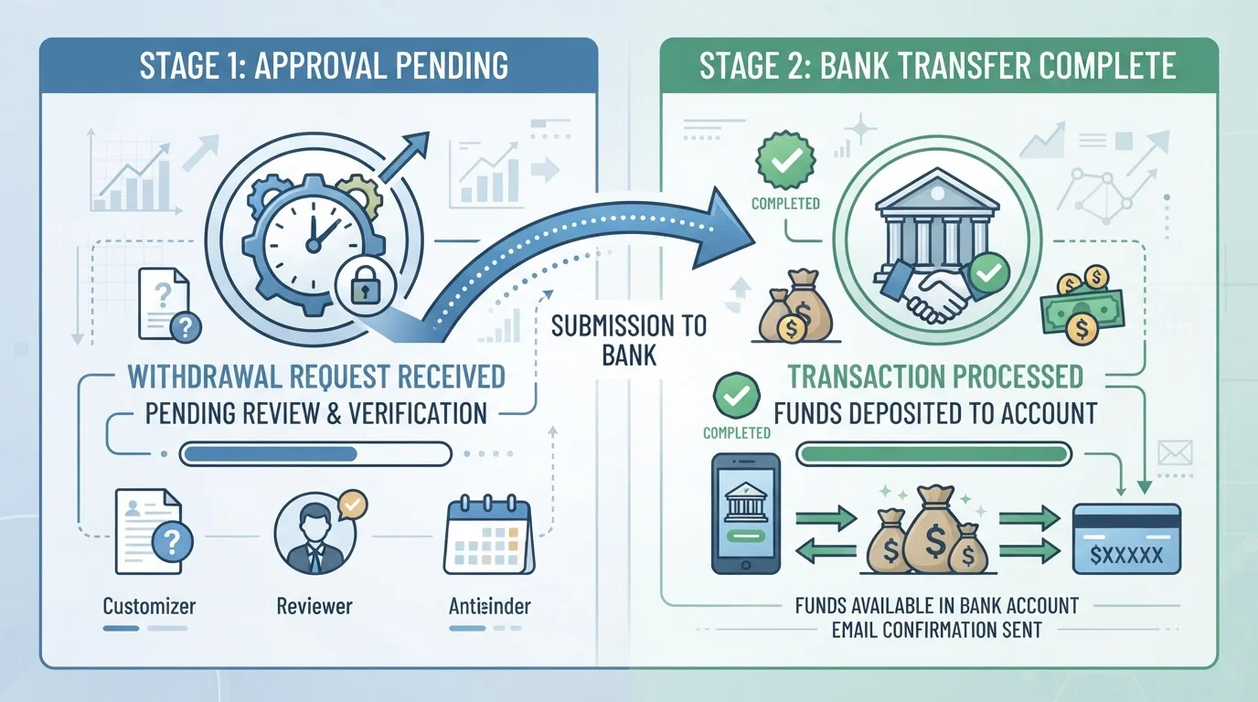 Split-screen diagram showing approval pending stage and transfer completion stage with connecting arrows