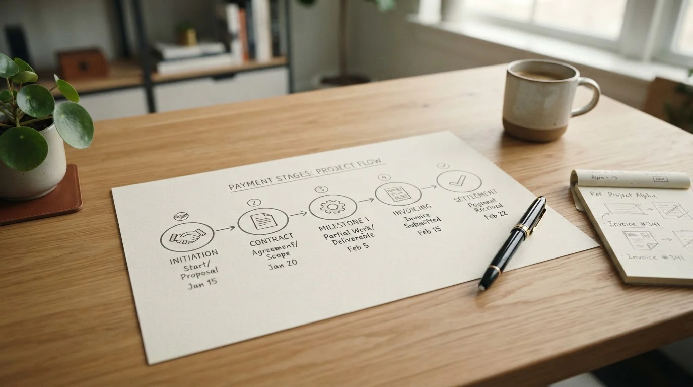 Simple timeline diagram on paper with payment stages marked beside pen and notepad