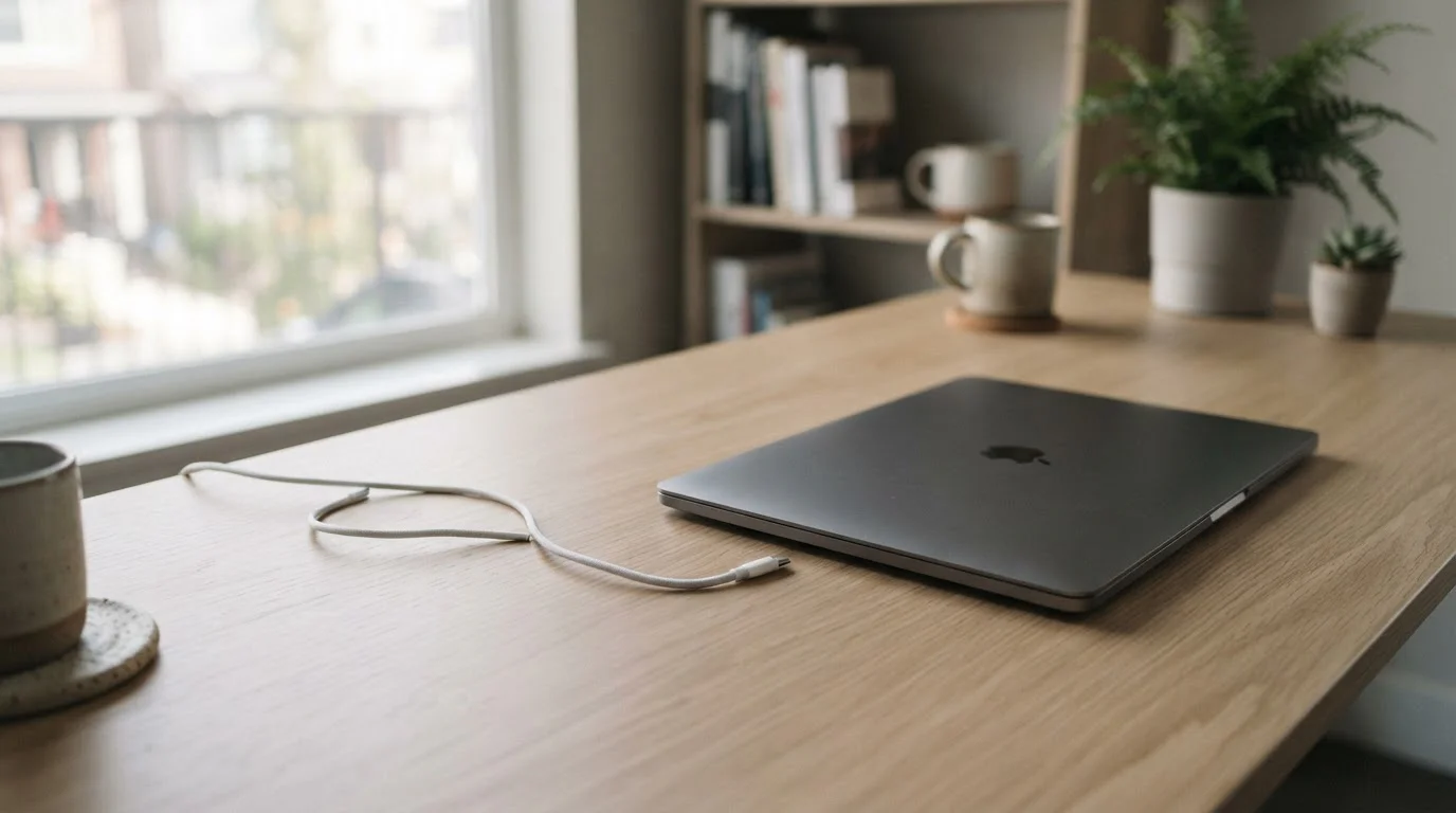 Unplugged cable on a desk beside a laptop showing a neutral payment page