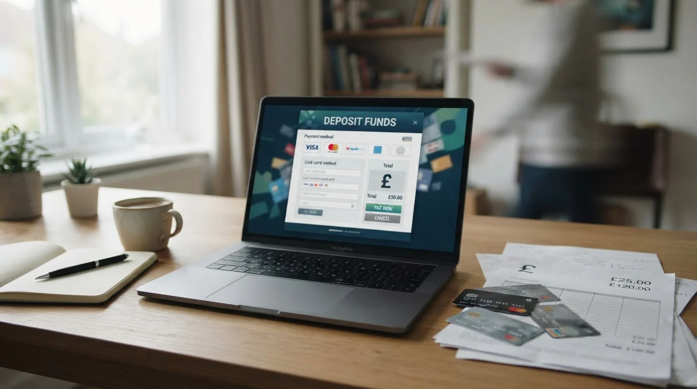 UK casino payment cashier page with prepaid cards and British pound documentation