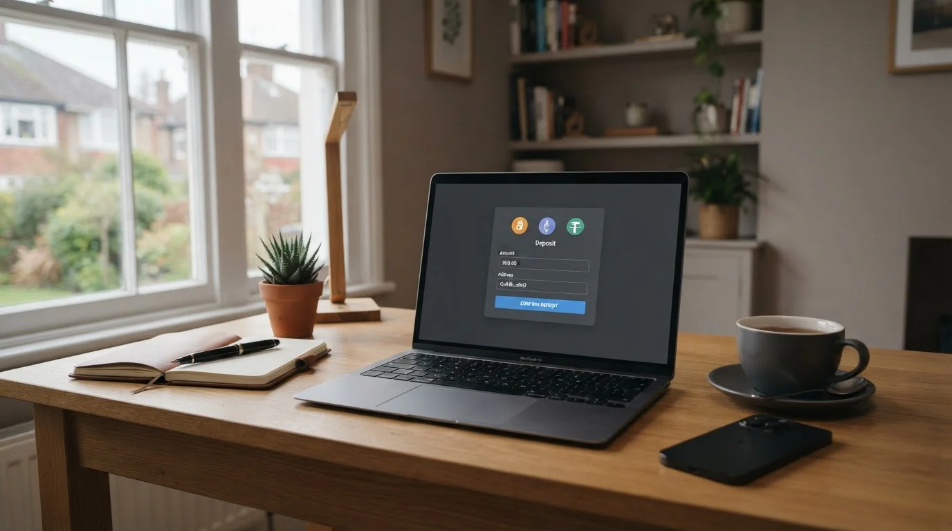 Laptop on a desk showing a casino cashier screen with a Dogecoin deposit option