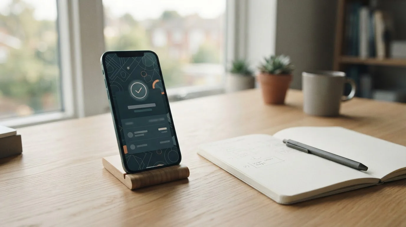 Smartphone showing a crypto wallet transfer beside a notebook on a desk in London daylight
