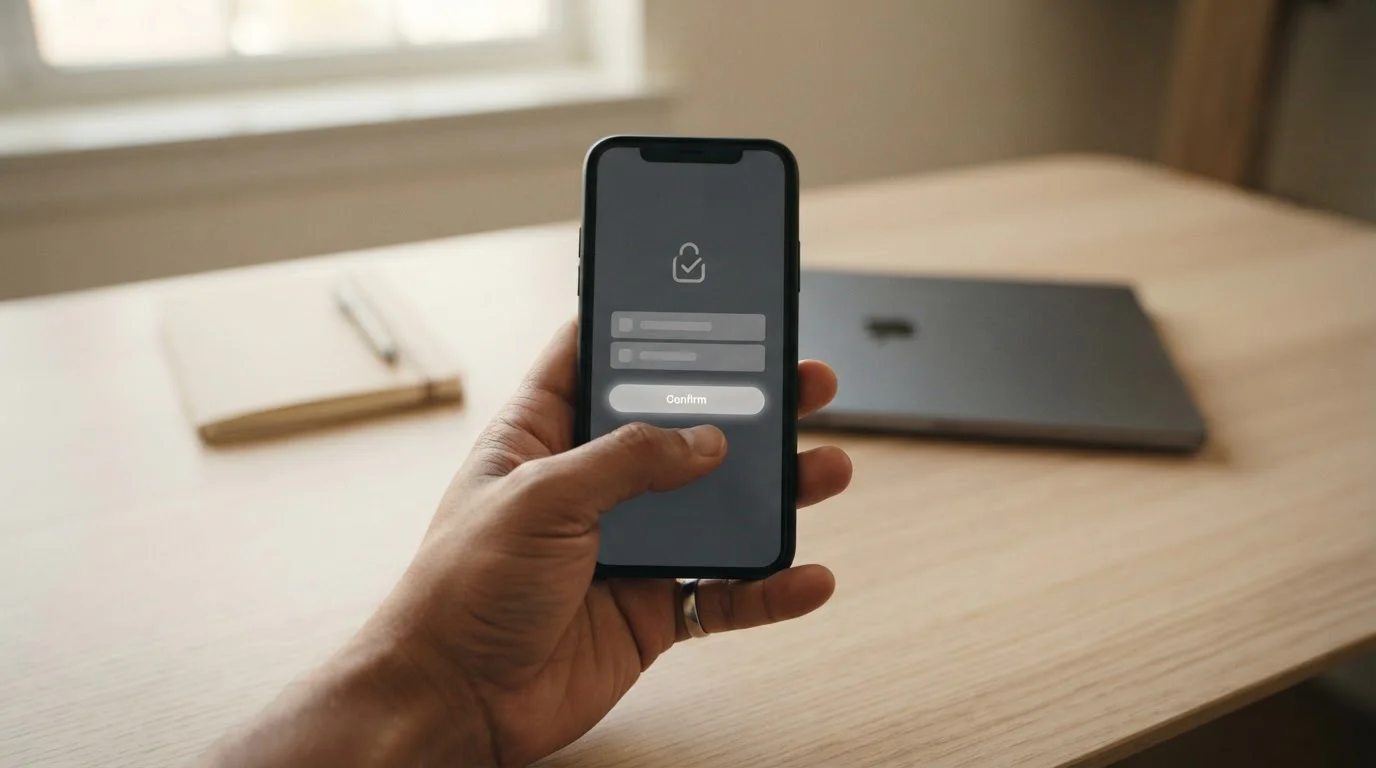 Smartphone showing a neutral payment approval screen held above a desk