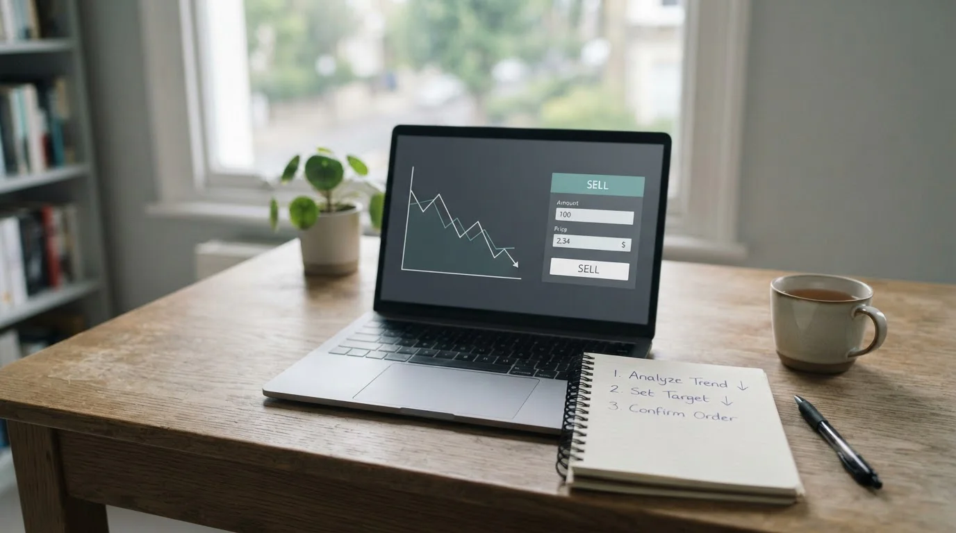 Laptop showing an exchange sell screen beside a notepad listing a conversion sequence