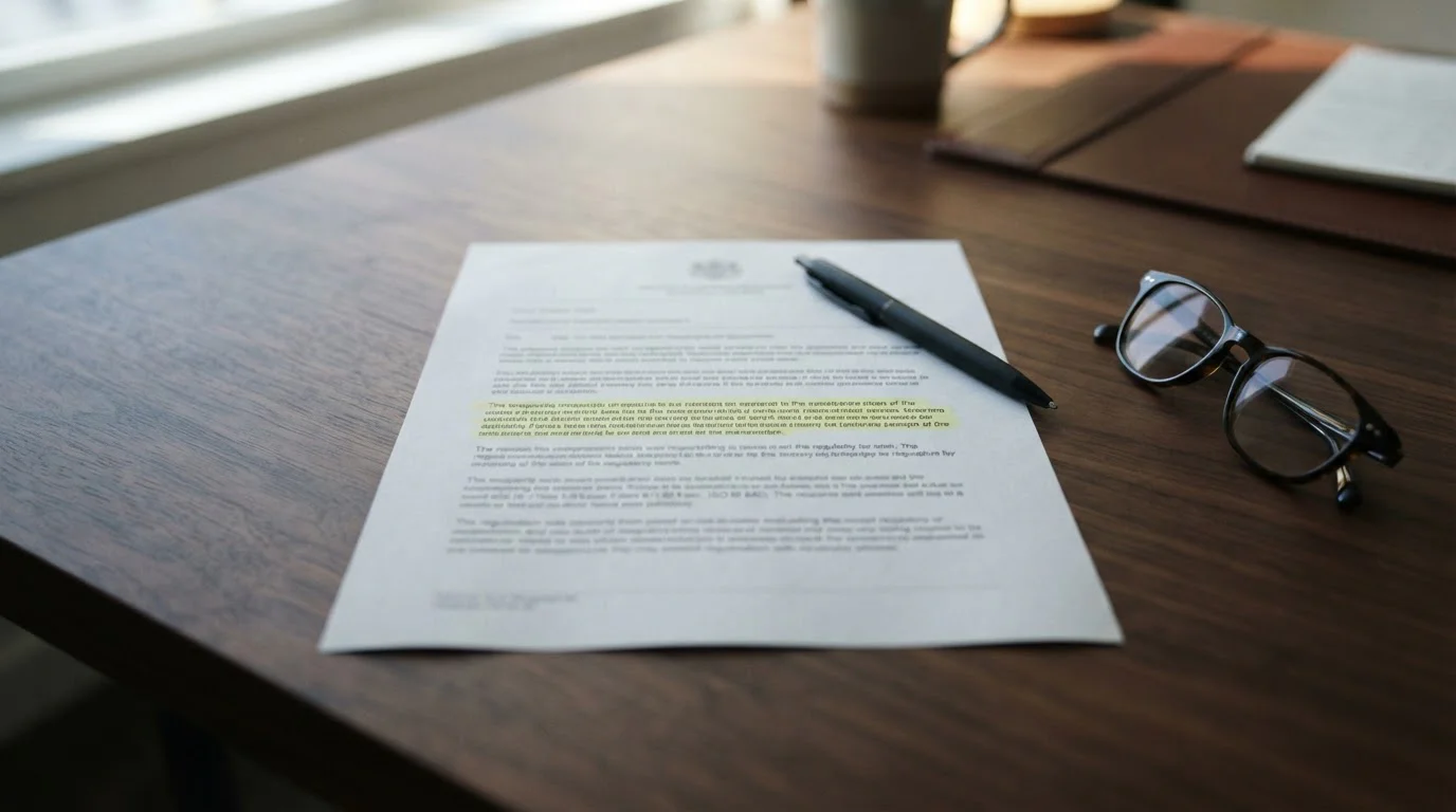 Printed regulatory document with a highlighted clause on a clean desk