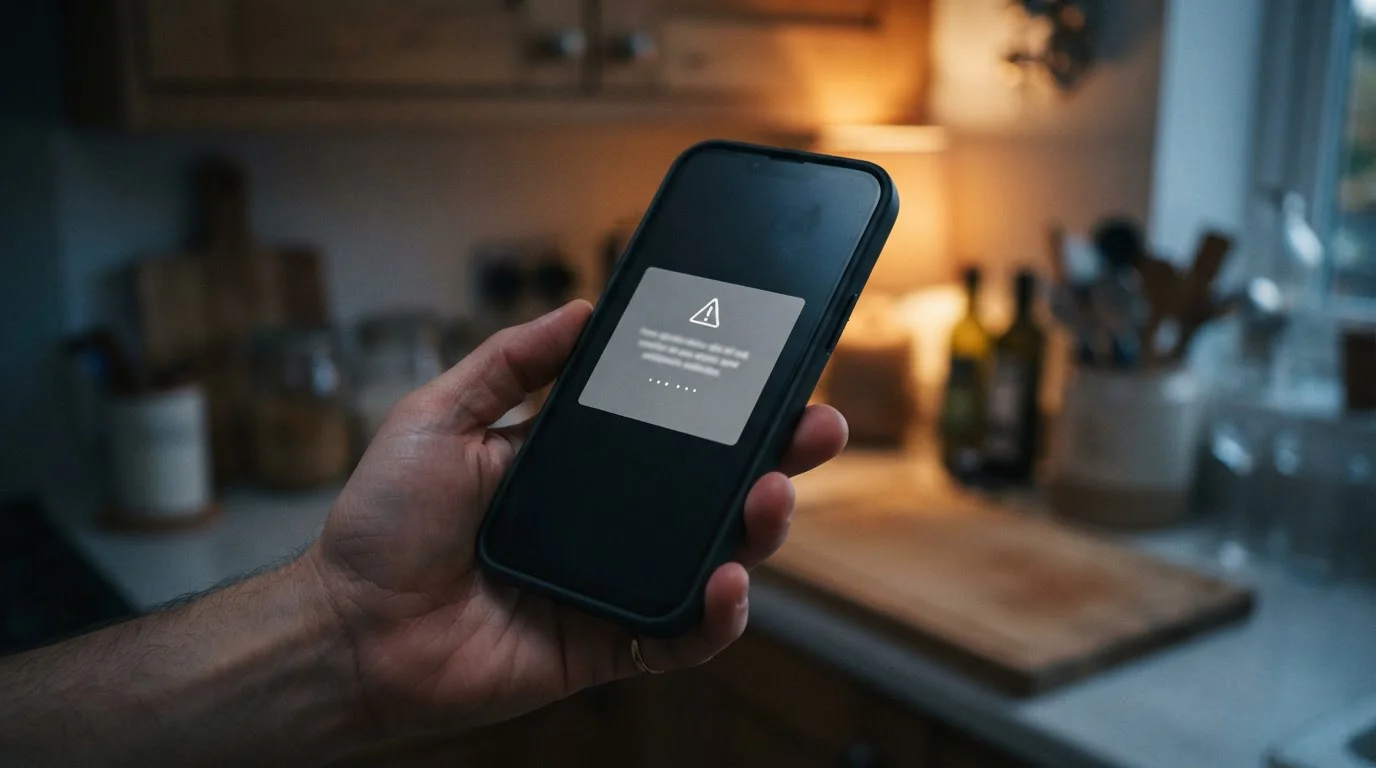 Smartphone screen showing a declined payment notification held in one hand