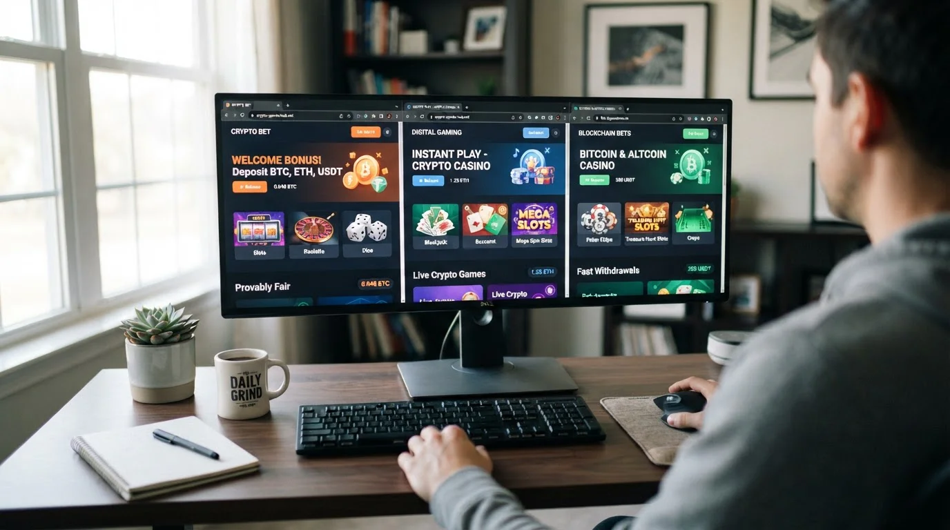 Desktop computer showing three crypto casino homepages side by side