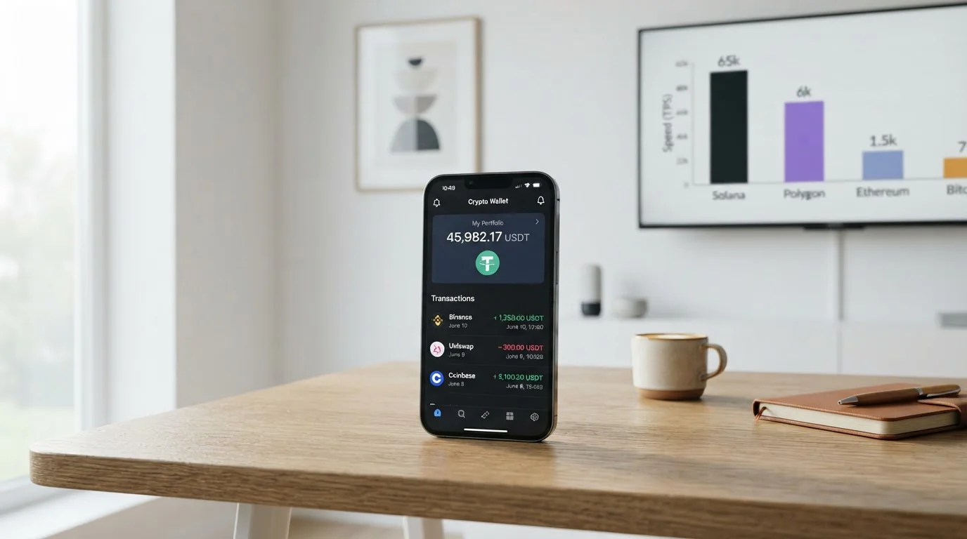 Smartphone showing crypto wallet with USDT balance and transaction speed comparison chart