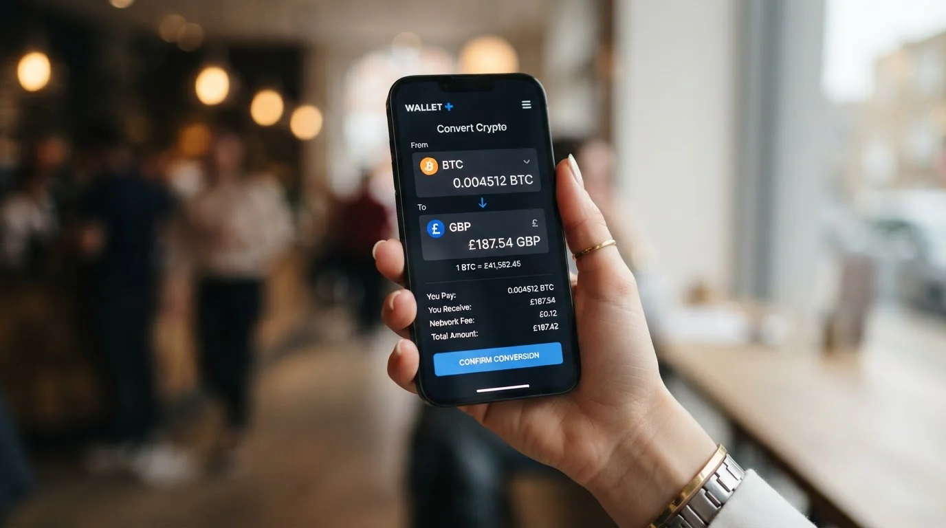 Smartphone showing crypto wallet converting to GBP in e-wallet app