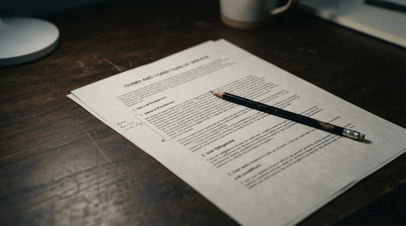 Printed terms and conditions document with a restricted countries section marked in the margin