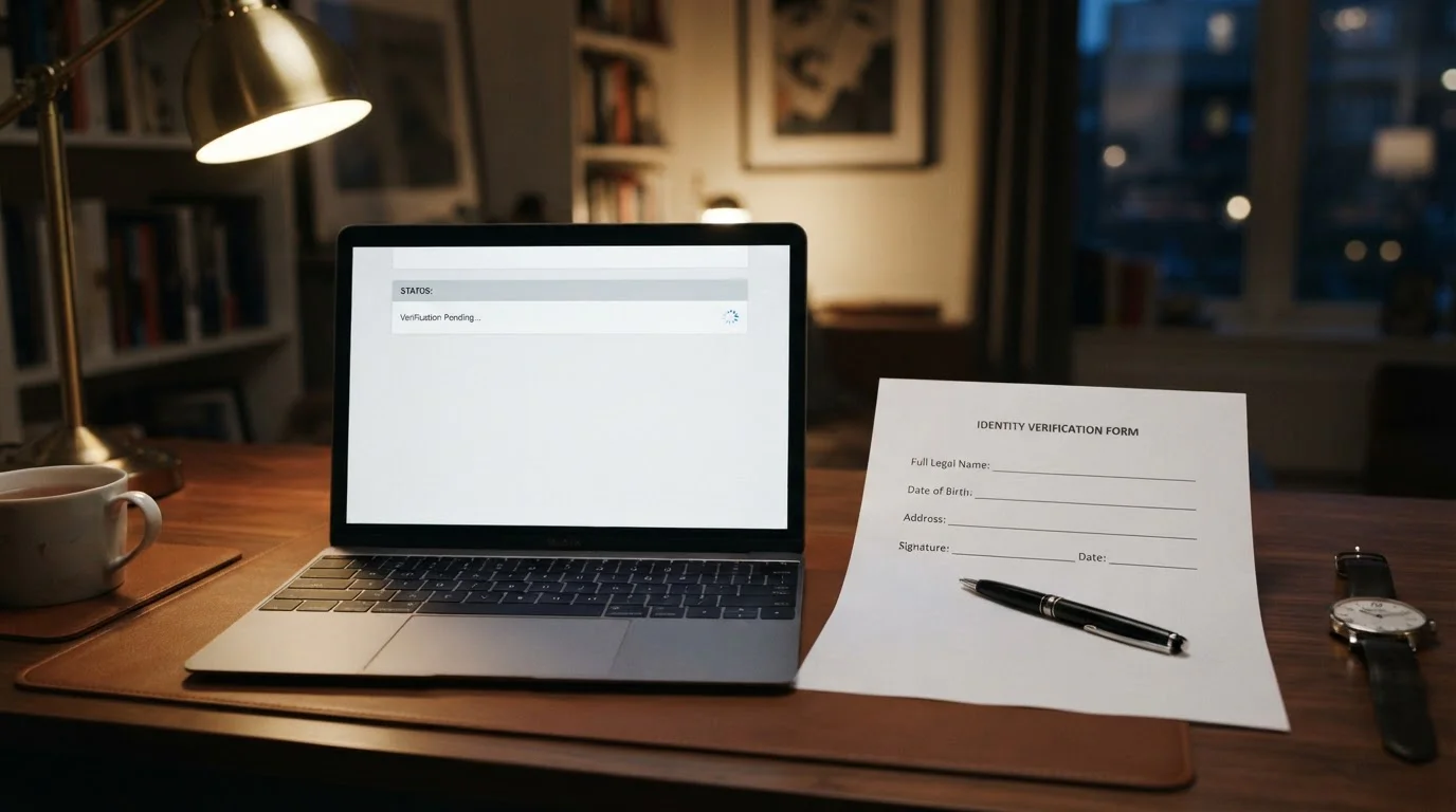 Desk with a pending withdrawal request on a laptop screen and a verification form beside it