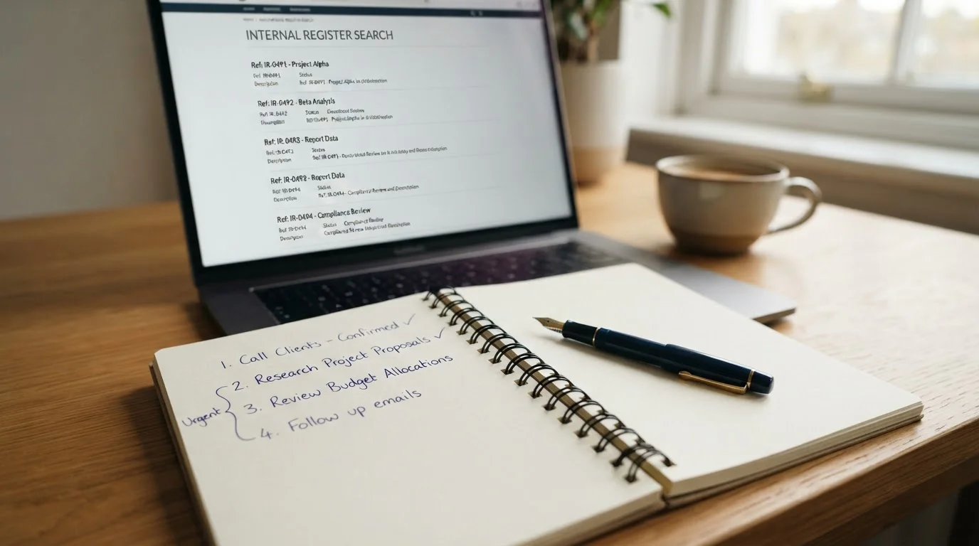 Notebook with handwritten shortlist of operator names beside a laptop showing a licence register page