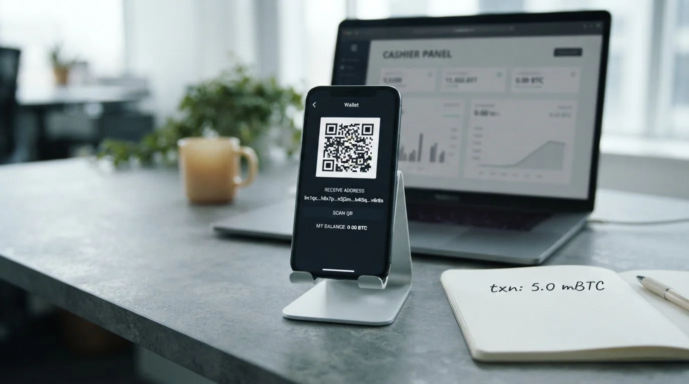 Smartphone wallet screen displaying a QR code for a crypto deposit address next to a laptop