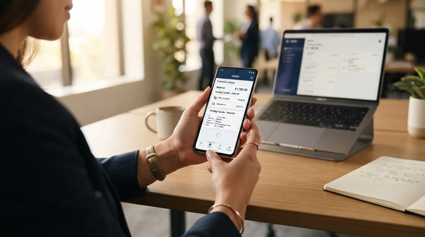 Hands holding smartphone showing e-wallet transfer notification with laptop in background