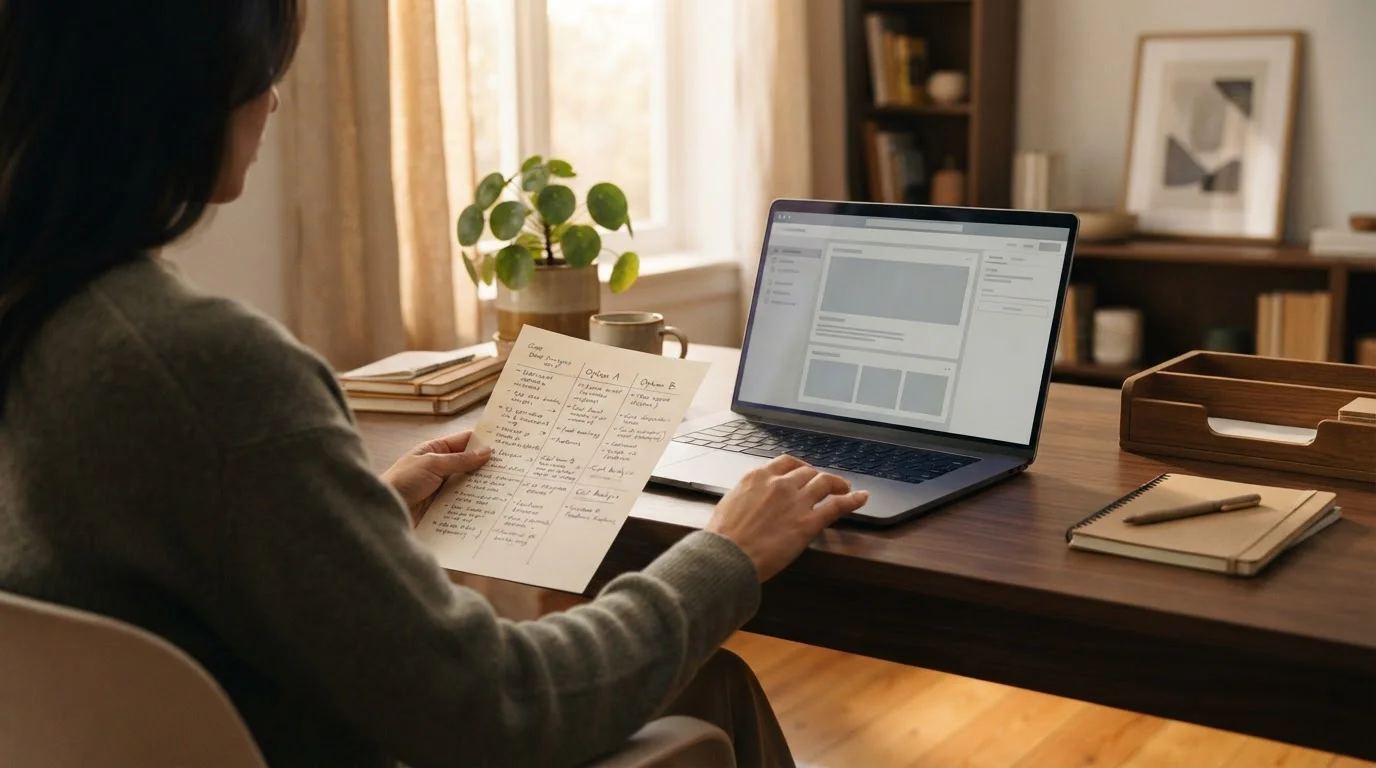 Person at a desk comparing printed notes against an unbranded website on a laptop