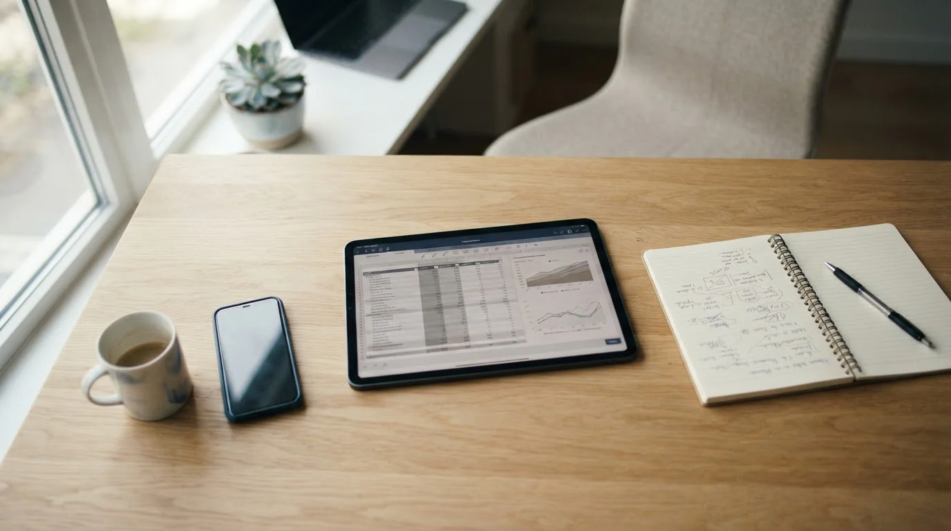 Overhead view of desk with comparison chart on tablet and notepad showing casino selection criteria