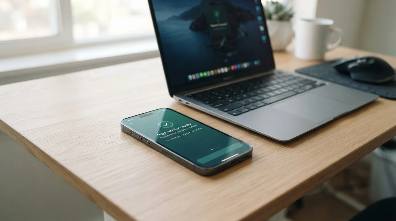 Smartphone showing payment confirmation screen on clean desk