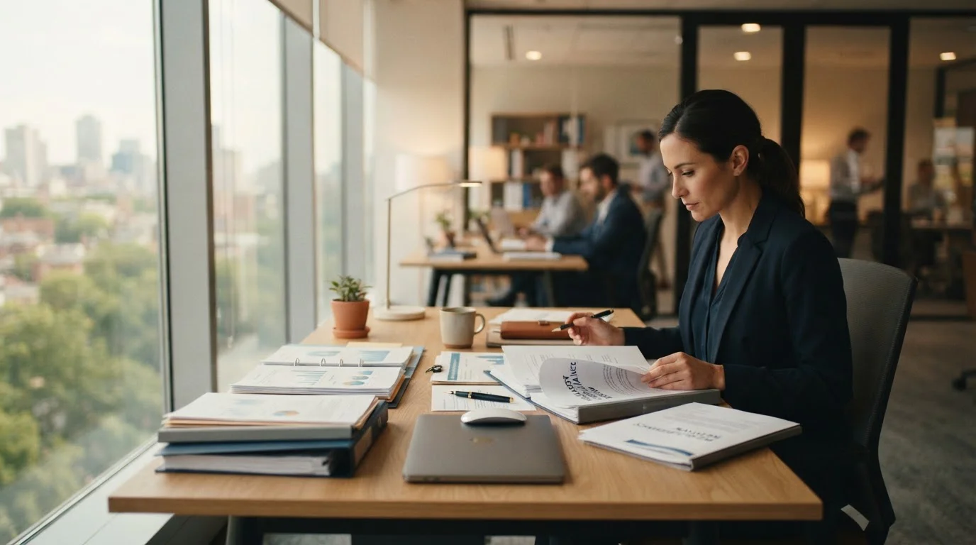 Professional office desk with FCA regulatory documents and security compliance paperwork