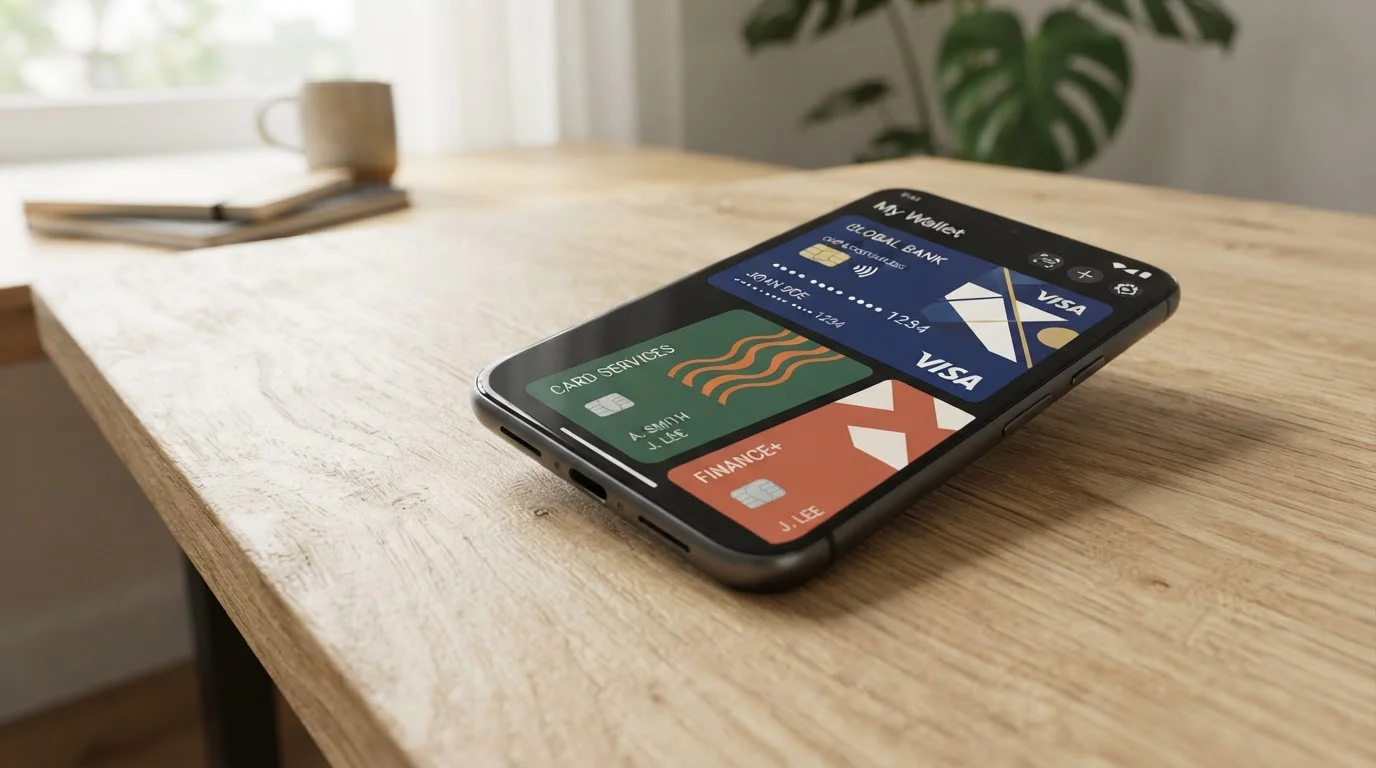 Smartphone showing Google Wallet app interface with saved payment cards