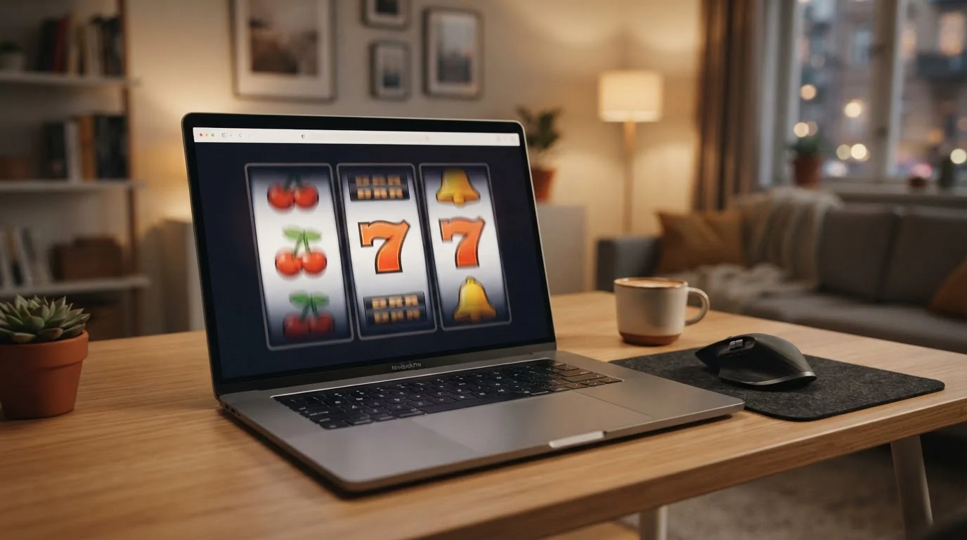 Laptop displaying abstract slot machine symbols on screen
