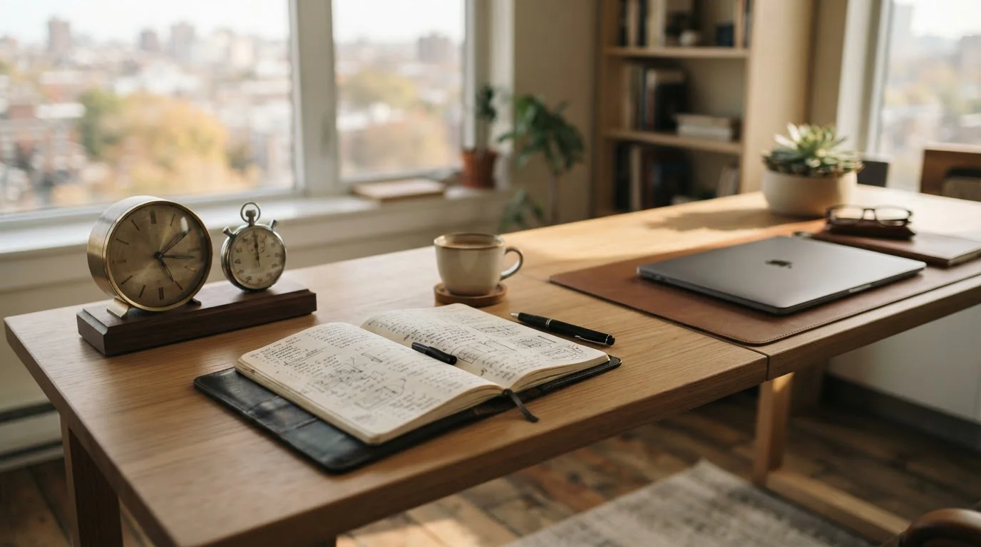 Clock and stopwatch on desk showing time comparison between marketing claims and reality