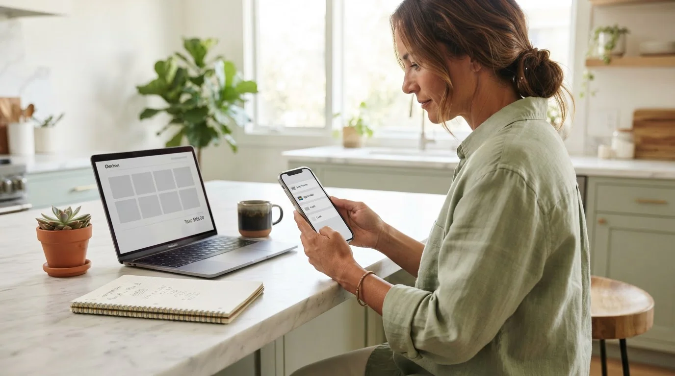 Woman comparing payment options on a phone and laptop at a kitchen counter