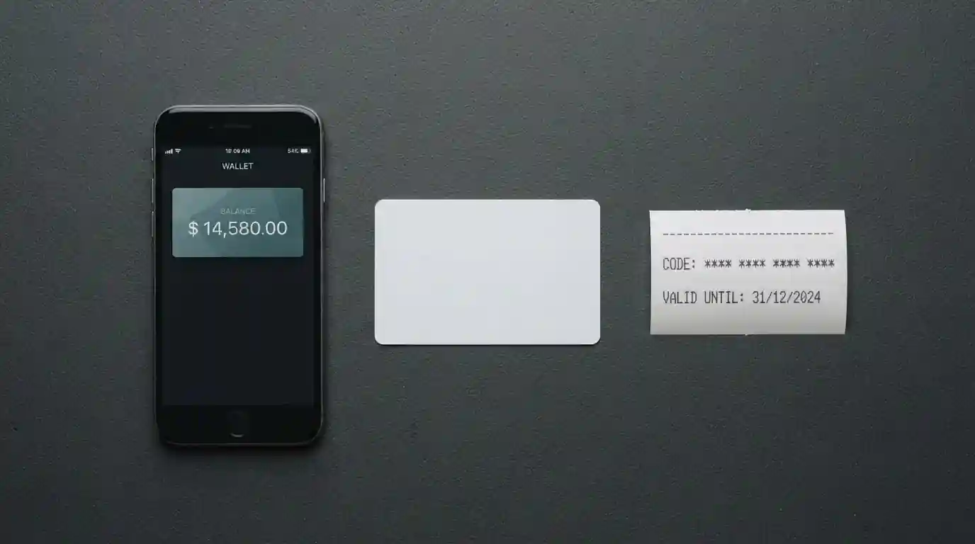 Digital wallet on a phone, a blank debit card and a printed voucher slip side by side