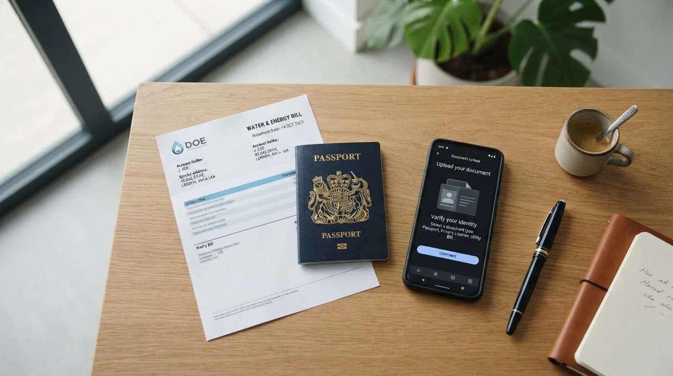 Passport, utility bill and smartphone showing document upload screen