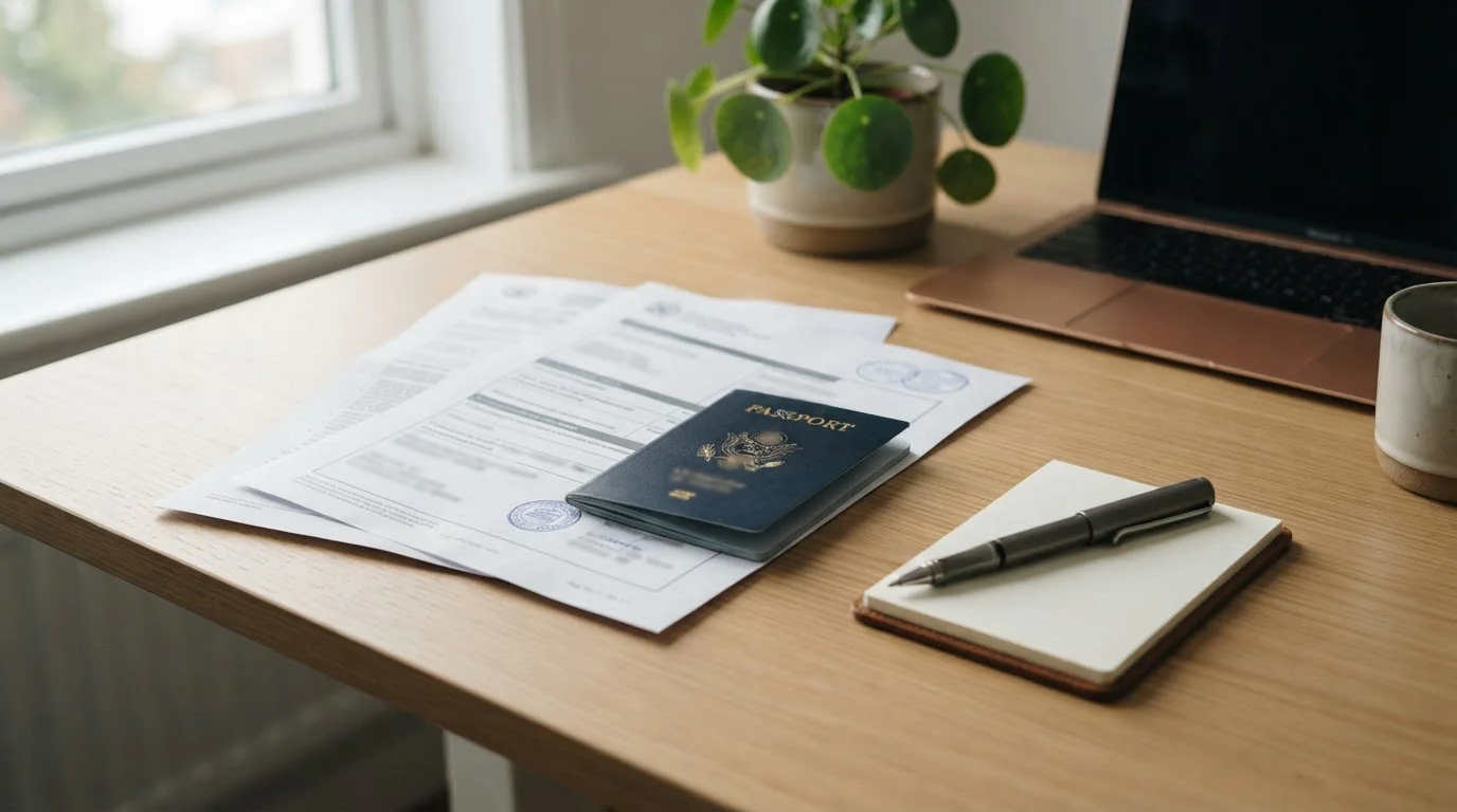 Identity documents and verification paperwork arranged on desk for KYC submission