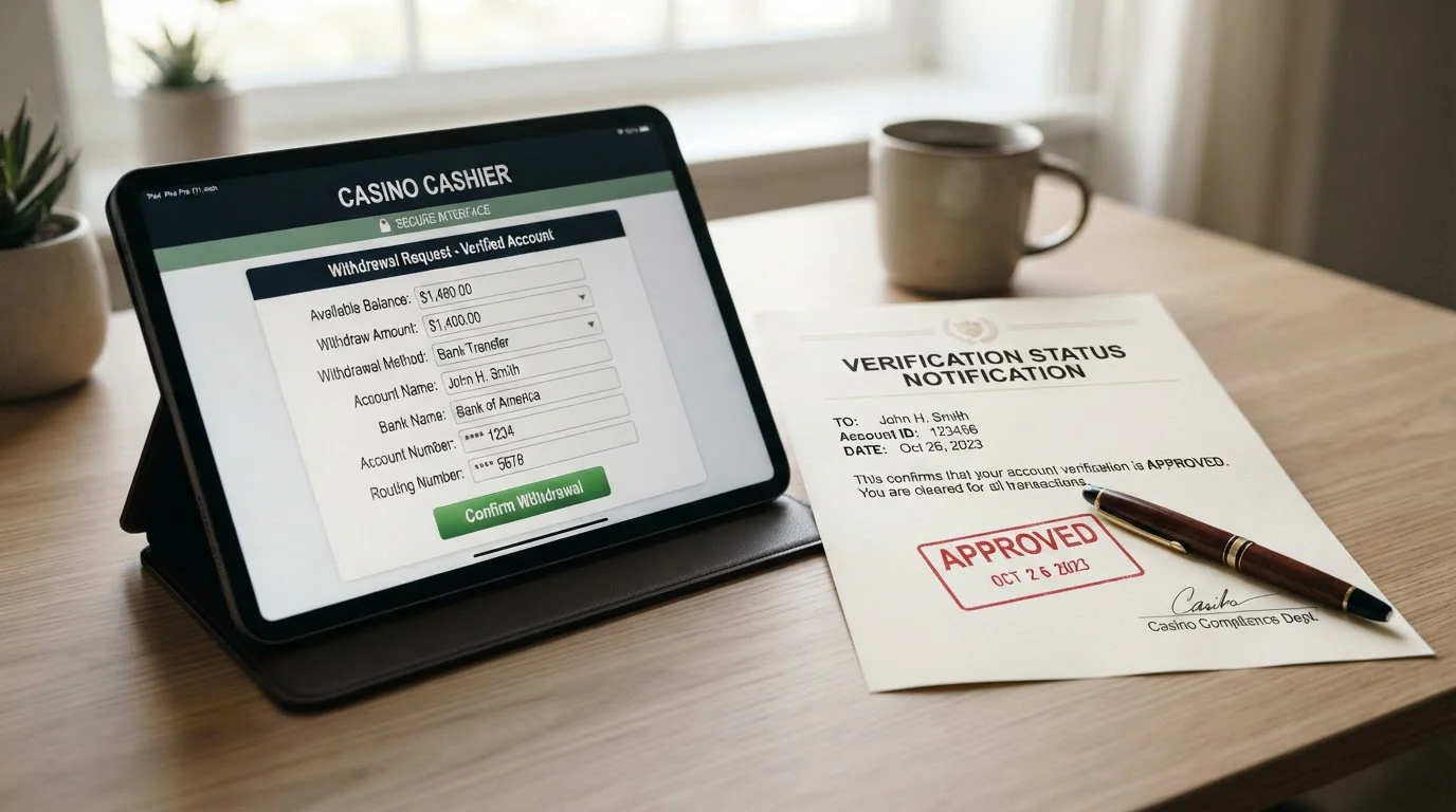 Tablet screen showing casino withdrawal page with verification approved document