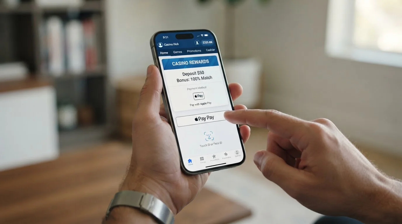 Smartphone displaying mobile casino app with Apple Pay button