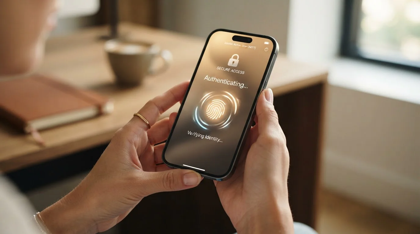 Close-up of hands holding iPhone showing mobile banking authentication with biometric icon